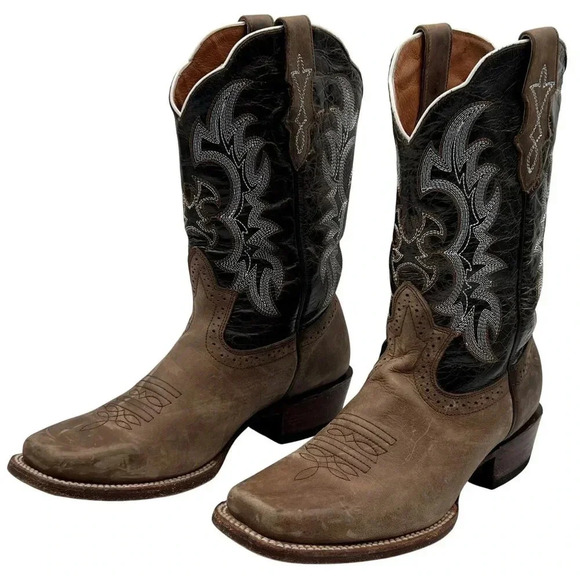 J.B Dillon Men 10B Leather Distressed Western Boots Embroidered Square Toe Rodeo - Picture 1 of 16